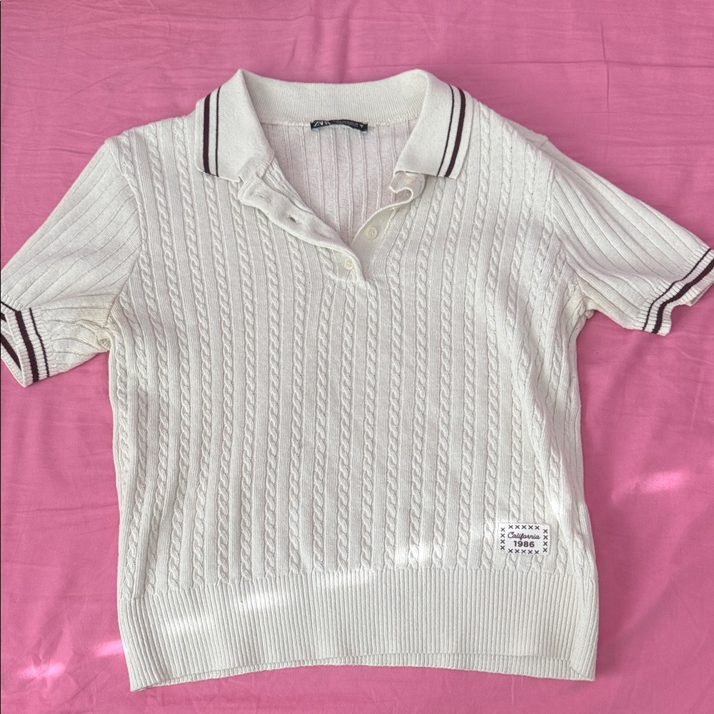 Zara Cream Knit Polo Top with Contrast Stripes